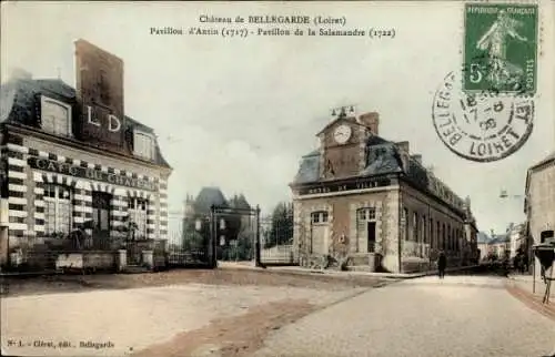 Ak Bellegarde Loiret, Château de  Pavillon d'Antin, Café du Château, Hôtel de Ville