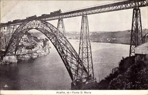 Ak Foz Do Douro Porto Portugal, Brücke Ponte D. Maria, Wasser, Bäume, Eisenbahn, schwarz-weiß
