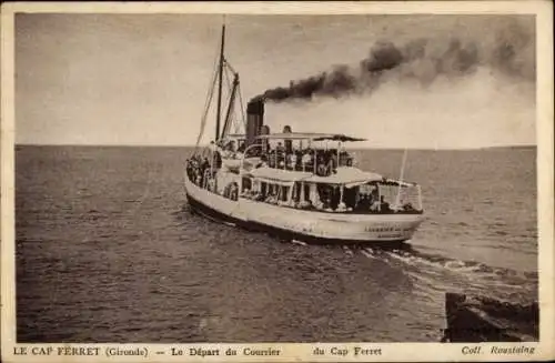 Ak Cap Ferret Gironde, Schiff, Wassertaxi, Abfahrt,  Fahrgäste, Dampfer