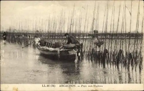 Ak Arcachon Gironde, Schwemmfläche, Menschen beim Austernfischen, Boot