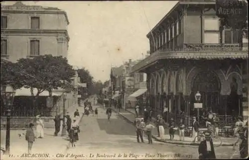 Ak Arcachon Gironde, Hotel Richelieu, Boulevard de la Plage, Place Thiers
