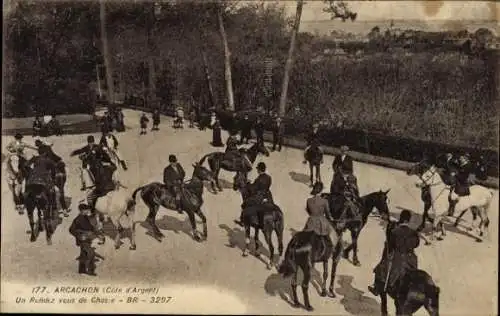 Ak Arcachon Gironde, Rendezvous von Jägern, Pferde, Reiter, Natur, Jagdszenario
