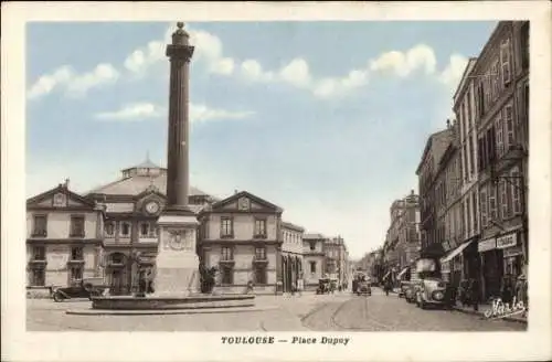 Ak Toulouse Haute Garonne, Place Dupuy, Säule,  Gebäude, Autos