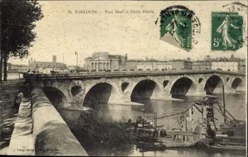 Ak Toulouse Haute Garonne, Pont Neuf und Cours Dillon, Brücke, Fluss, Stadtansicht, nmotiv