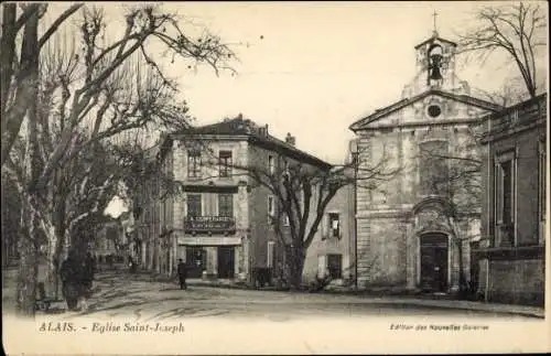 Ak Alès Alais Gard, Eglise Saint-Joseph, Gebäude, Bäume, Straße, Restaurantschilder