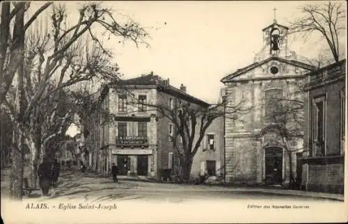 Ak Alès Alais Gard, Eglise Saint-Joseph, alte Gebäude, Strassenansicht, Bäume