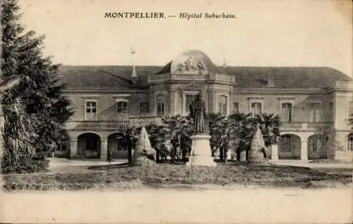Ak Montpellier Hérault, Hôpital Suburbain, Statue, Palmen, Architektur