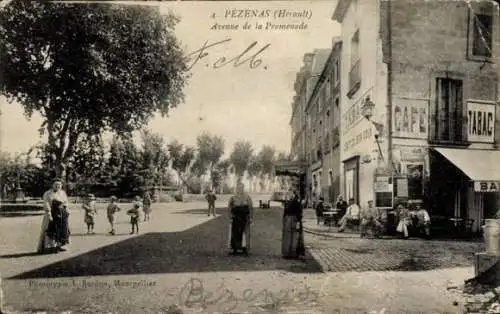 Ak Pézenas Hérault, Avenue de la Promenade, Café, Tabac,  Szenerie, umgebende Bäume