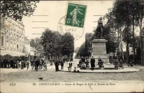 Ak Choisy Le Roi Val de Marne, Statue de Rouget de l´Isle et Avenue de Paris