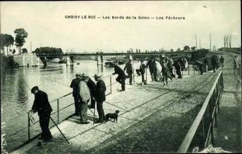 Ak Choisy le Roi Val de Marne, Pecheurs, Ufer der Seine, Brücke