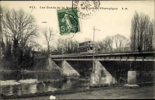 Ak Champigny sur Marne Val de Marne, Brücke, Fluss, Bäume, Straßenbahn,  Ansicht