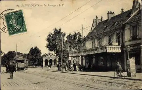 Ak Saint Ouen Seine Saint Denis, Barrage, Straßenbahn, Vins Cafe