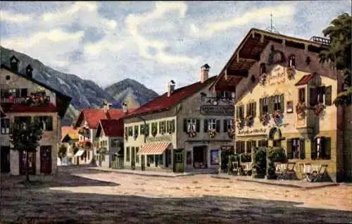 Künstler Ak Marschall, V., Oberammergau in Oberbayern am Hauptplatz, Häuser, Gasthof, Berge