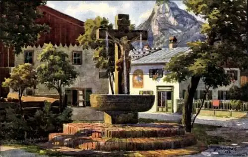 Ak Oberammergau in Oberbayern, Christusbrunnen, Hauptstraße, Kofel, malerisches Dorf, bayerische 