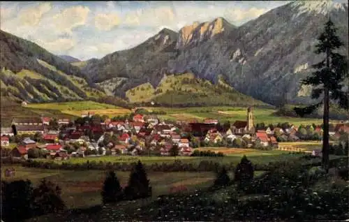 Ak Oberammergau in Oberbayern, Dorfansicht, Berge, Kirche, malerische Landschaft