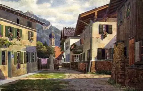 Künstler Ak Marschall, V., Oberammergau Oberbayern, Straßenwinkel 