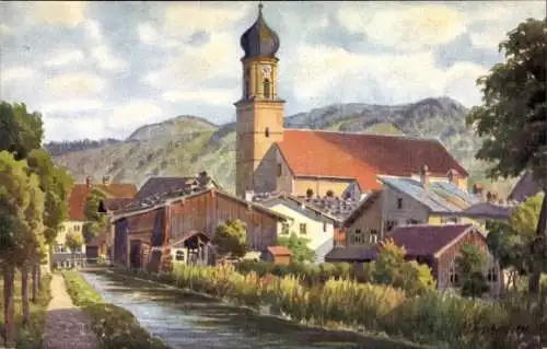 Ak Oberammergau in Oberbayern, Kirche mit Turm, Häuser am Mühlbach, Landschaft im Hintergrund