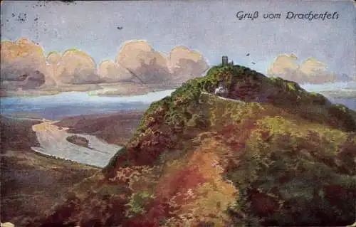 Ak Königswinter am Rhein, Drachenfels, Landschaft mit  Wolken am Himmel, Fluss im Tal