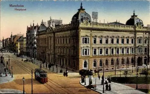 Ak Mannheim in Baden, Hauptpostgebäude, Straßenbahn,  Architektur