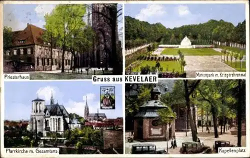 Ak Kevelaer am Niederrhein, Priesterhaus, Marienpark, Kriegerehrenmal, Pfarrkirche