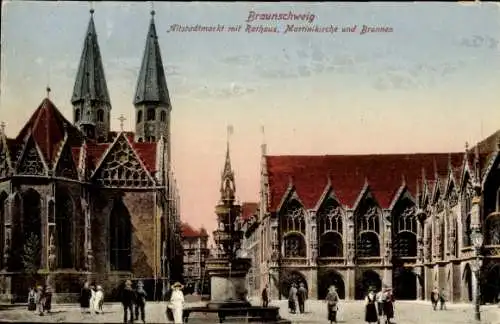 Ak Braunschweig in Niedersachsen,  Altstadtmarkt, Rathaus, Martinikirche, Brunnen