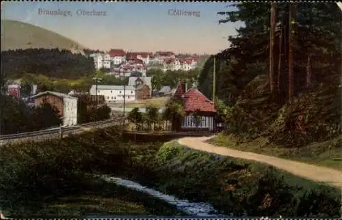 Ak Braunlage im Oberharz, Stadtansicht, Collieweg, Häuser, Wald, Eisenbahn