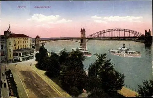 Ak Bonn am Rhein, Rheinbrücke, Fluss, Schiffe, Bäume, Hotel