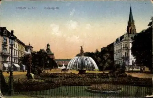 Ak Bonn am Rhein, Kaiserplatz, Brunnen,  Gebäude, Kirche, Tram