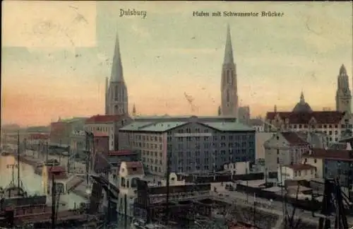 Ak Ruhrort Duisburg im Ruhrgebiet, Hafen mit Schwanentor Brücke,  Gebäude, hohe Türme