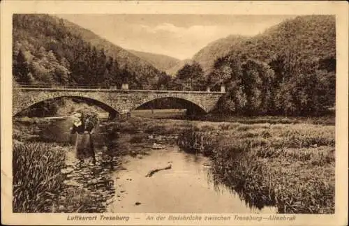 Ak Treseburg Thale im Harz, Luftkurort  Brücke, Fluss, grüne Landschaft