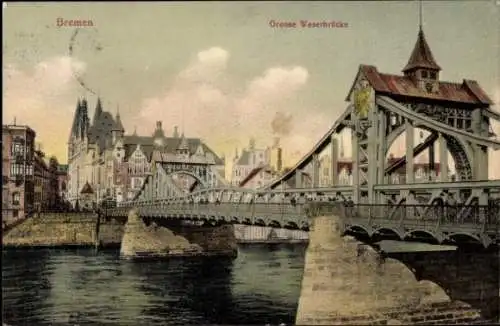 Ak Bremen, Blick auf die grosse Weserbrücke, Häuser