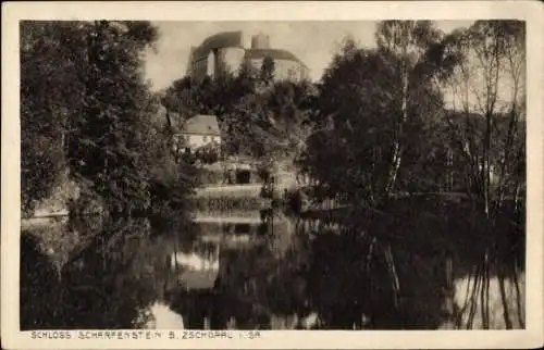 Ak Scharfenstein Drebach bei Zschopau Sachsen, Schloss mit Teichanlage