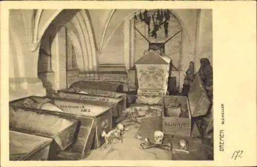 Ak Hansestadt Bremen, Skelette in einem Keller, verschiedene Grabinschriften, düstere Atmosphäre