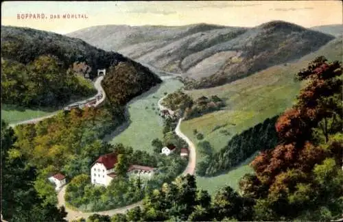 Ak Boppard am Rhein, Landschaftsaufnahme, Talblick, Hügel und Gebäude, Farbenfrohe Darstellung