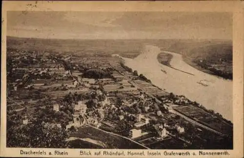 Ak Königswinter am Rhein, Drachenfels, Drachenfels, Blick auf Rhöndorf, Honnef, Insel Grafenwerth