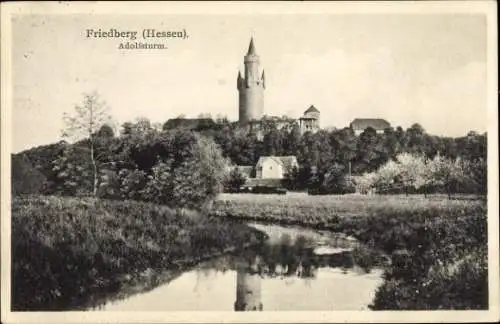 Ak Friedberg in Hessen,  Adolfsturm, Fluss im Vordergrund, Landschaft