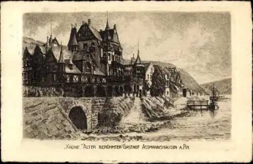 Künstler Ak Assmannshausen Rüdesheim am Rhein, Krone, Alter berühmter Gasthof