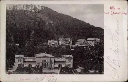 Ak Bad Harzburg am Harz, Kurhaus, Häuser im Hintergrund, Wald, Schwarz-Weiß-Bild