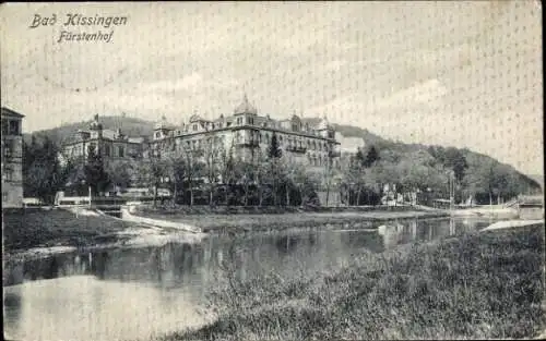 Ak Bad Kissingen Unterfranken Bayern, Fürstenhof, Hotel, Fluss, Bäume, Hügel
