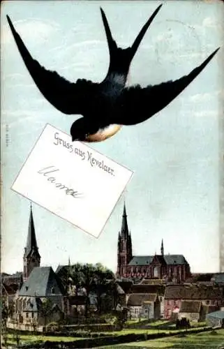 Ak Kevelaer am Niederrhein, Schwalbe fliegt über  Kirchen und Gebäude sichtbar, Grußkarte