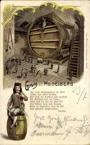 Litho Heidelberg am Neckar, Großes Fass, Gedicht Scheffel
