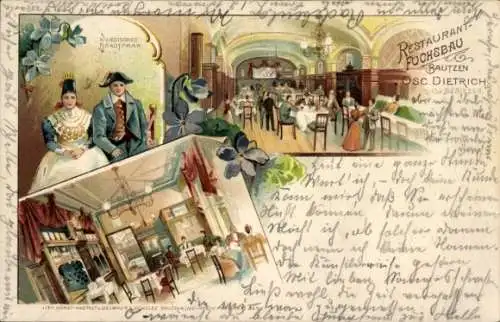 Litho Bautzen in der Oberlausitz, Wendisches Brautpaar, Restaurant Fuchsbau, Inh. Osc. Dietrich