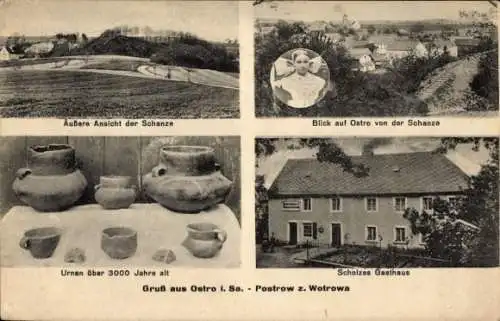 Ak Ostro Panschwitz Kuckau Oberlausitz, Außere Ansicht der Schanze, Blick auf Ostro, Urnen über 3