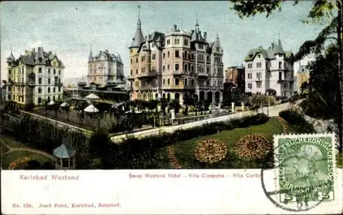 Ak Karlsbad Westend, Savoy Westend Hôtel, Villa Cleopatra, Villa Carlton
