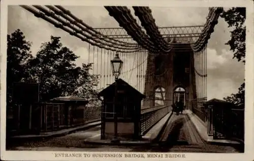 Ak Menai Bridge Wales, Eingang zur Hängebrücke