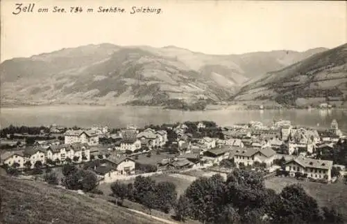 Ak Zell am See in Salzburg, Zell am See, 754 m Seehöhe, Stadtansicht, schöne Landschaft, Berge