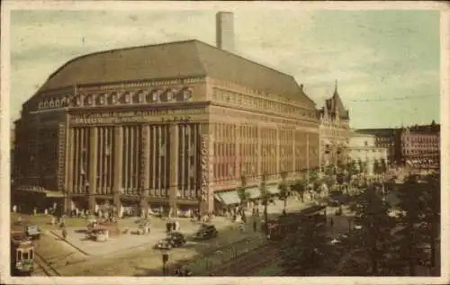 Ak Helsinki Helsingfors Finnland, Stockmann Kaufhaus, bunte Ansicht, Straßenverkehr, Passanten,  