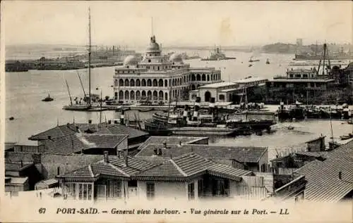 Ak Port Said Ägypten, Blick auf den Hafen, Gebäude am Wasser, Schiffe, Hafenaktivitäten