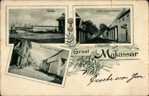 Ak Makassar Indonesien, Drei Ansichten von  Pier, Burgewachtstraat, Chineshe Straat