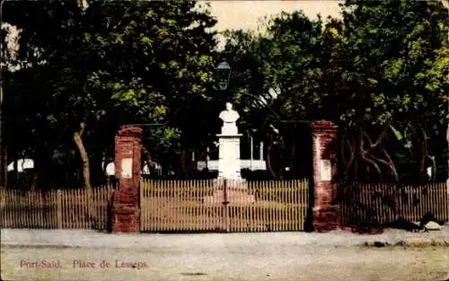 Ak Port Said Ägypten, Statue, Gartenanlage, Zaun, Laterne, Bäume